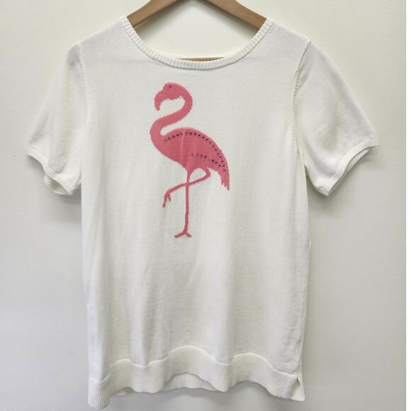 Belle Beach by Kim Gravel Flamingo Embellished Sweater Large White Short Sleeve - Picture 2 of 9